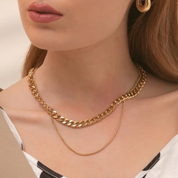 New 18K Gold Plated Link Chain Double Layer Necklace 9c - Picture 5 of 8